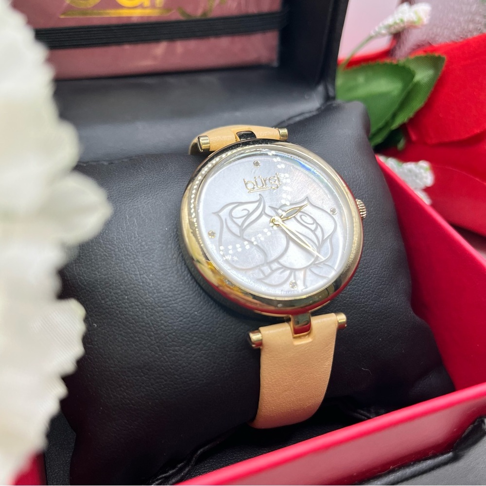 Women's Burgi Flower Engraved Diamond Dial Genuine Leather Strap Watch with box - Picture 6 of 16